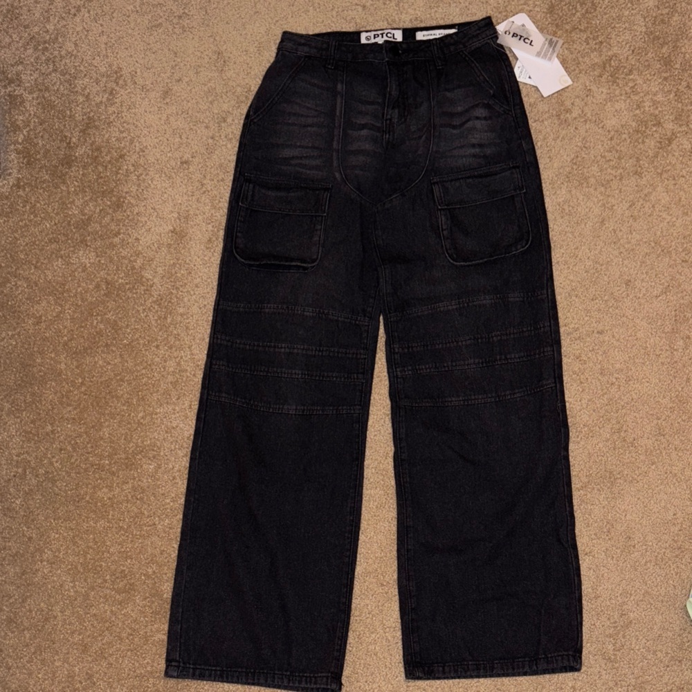 PTCL Black Wide Leg Cargo Denim Jeans